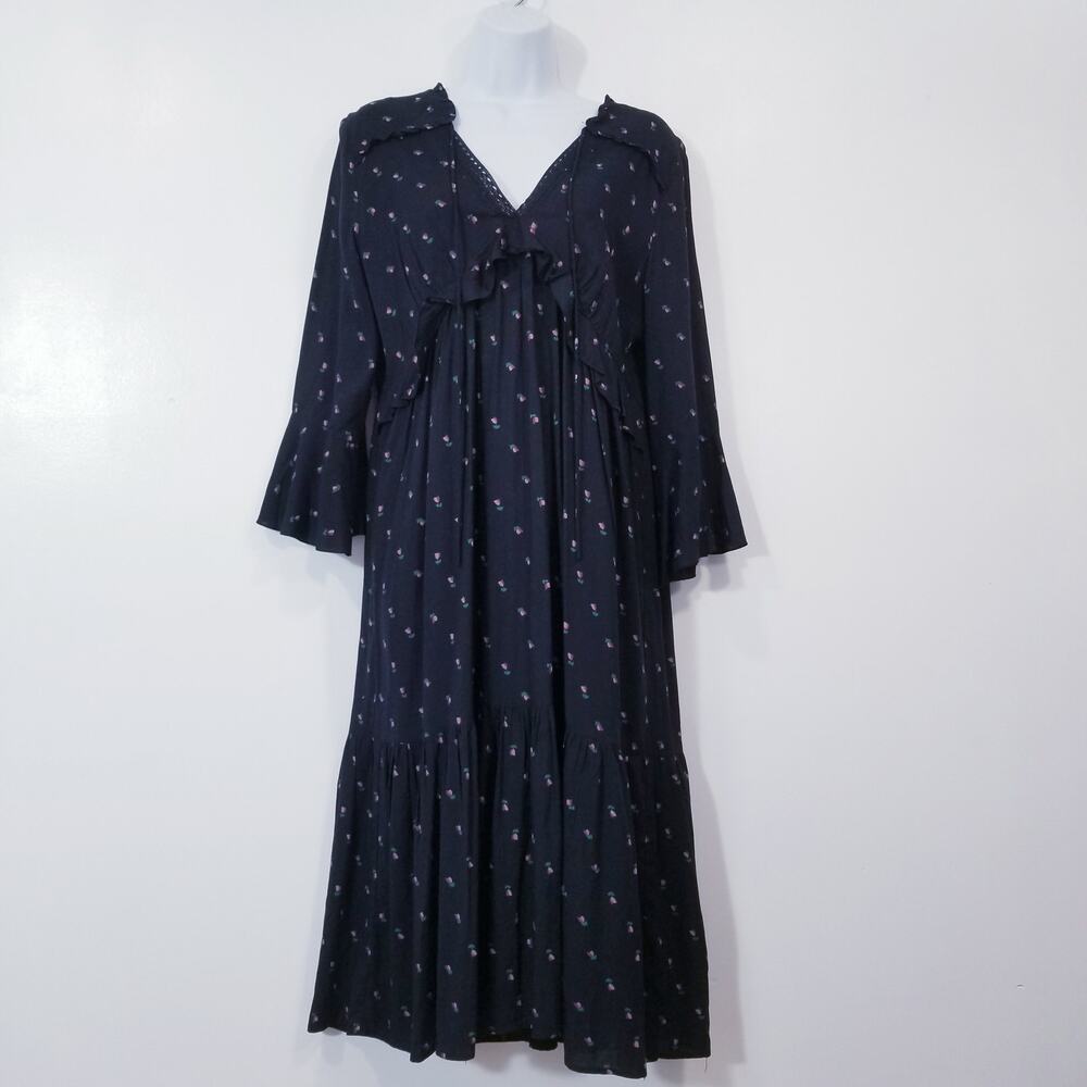 LOFT Floral Print Bell Sleeves Ruffle Midi Dress